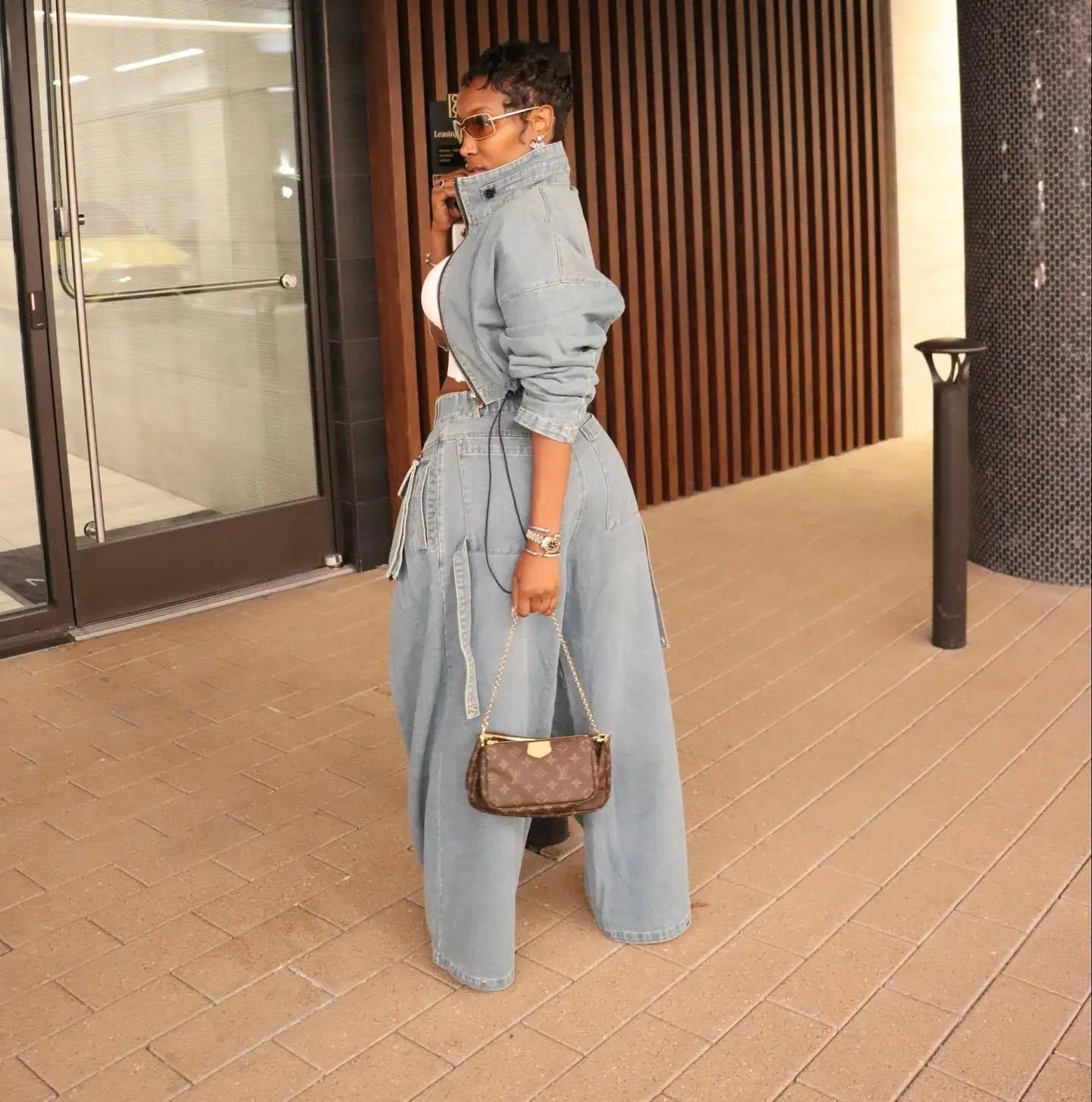 Fall Denim Suit For Women Long Sleeve Lapel Top And Wide Leg Pant Outfits Comfortable Solid Color Ladies Two-Piece Set