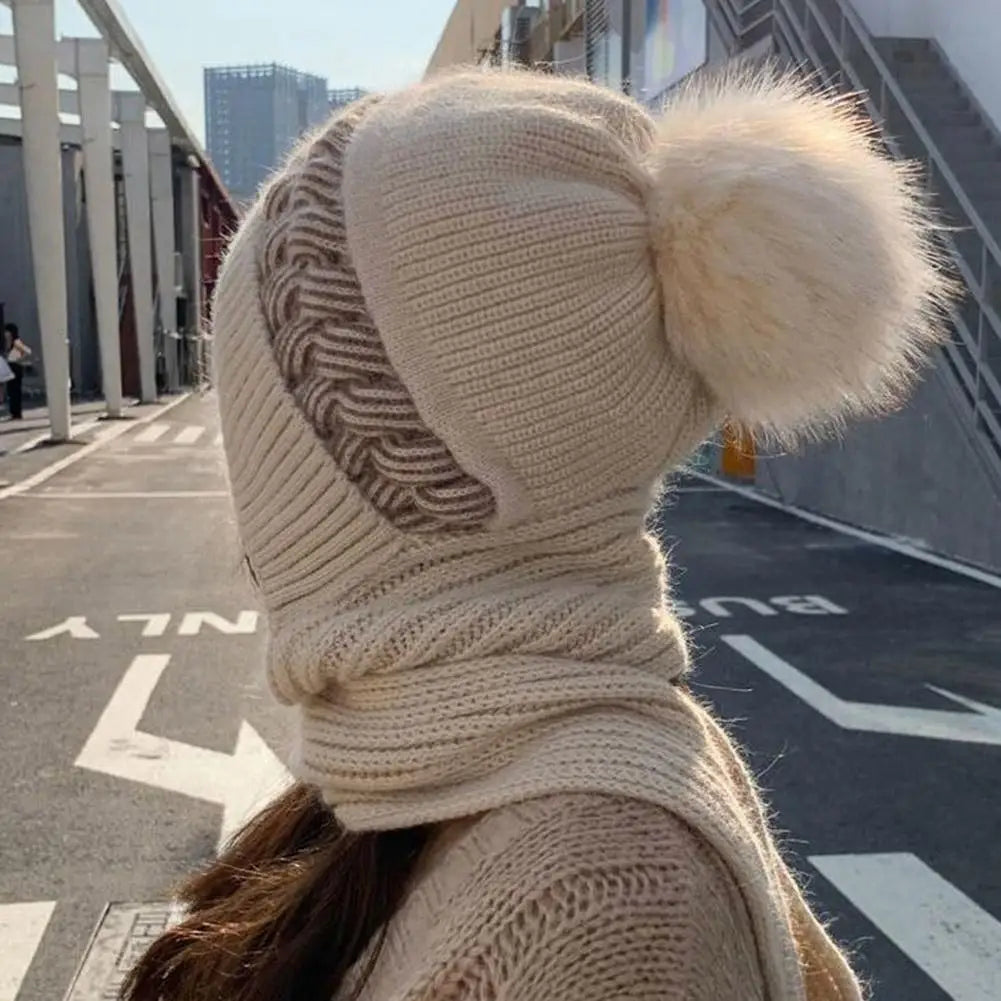 Hat scarf All-in-one  Winter Thickened Warm Double Warm Padded Windproof Comfortable Warm Knitted Hat Fits Women