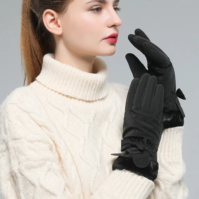 Winter Warm Gloves For Women Plus Velvet Thickened Waterproof Windproof Cute Bow Student Outdoor Cycling Touch Screen Ski Gloves