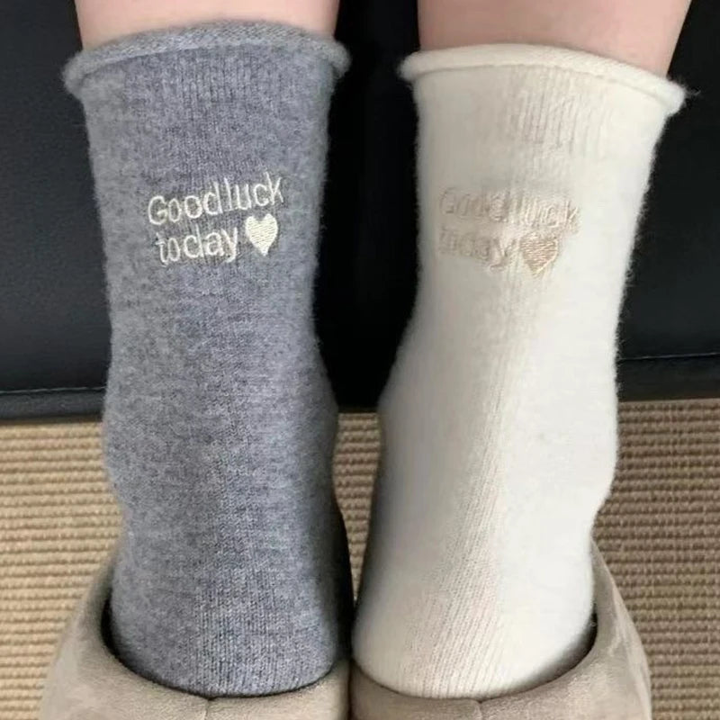 Winter Warm Thicken Cotton Socks Women Embroidery Letters Cozy Solid Color Thermal Japanese Korean Stacked Mid Calf Crew Socks
