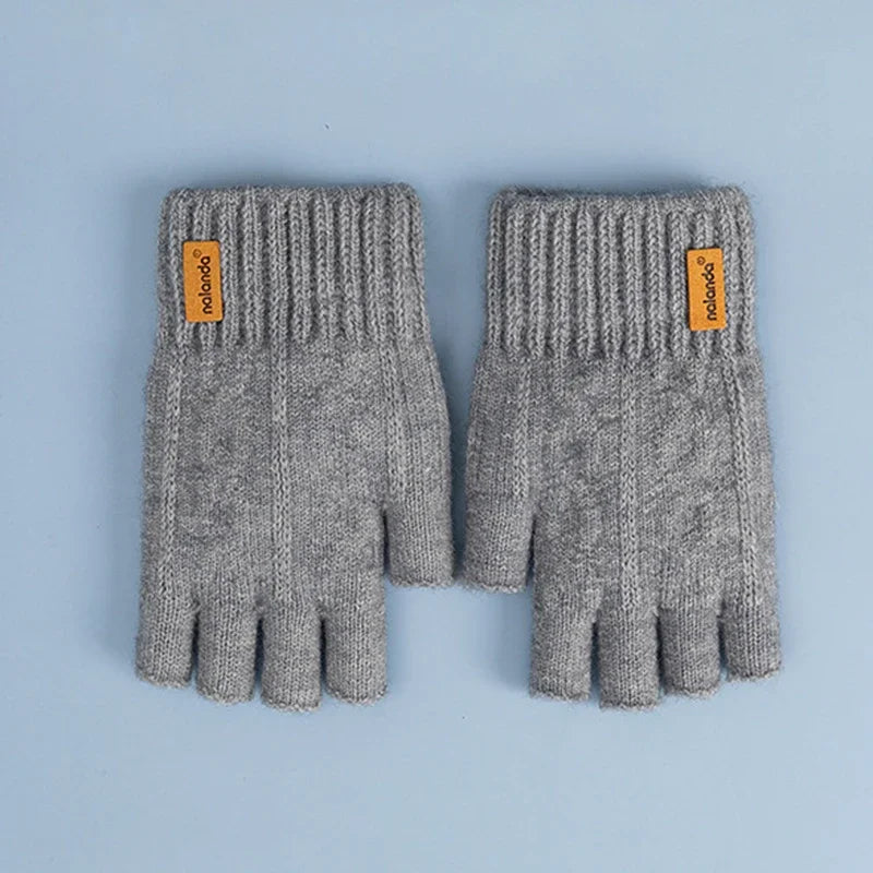 Winter Half-Finger Knitted Gloves for Men: Warm, Stretchy, Thick – Fits Office, Bicycle, Driving & Student Writing