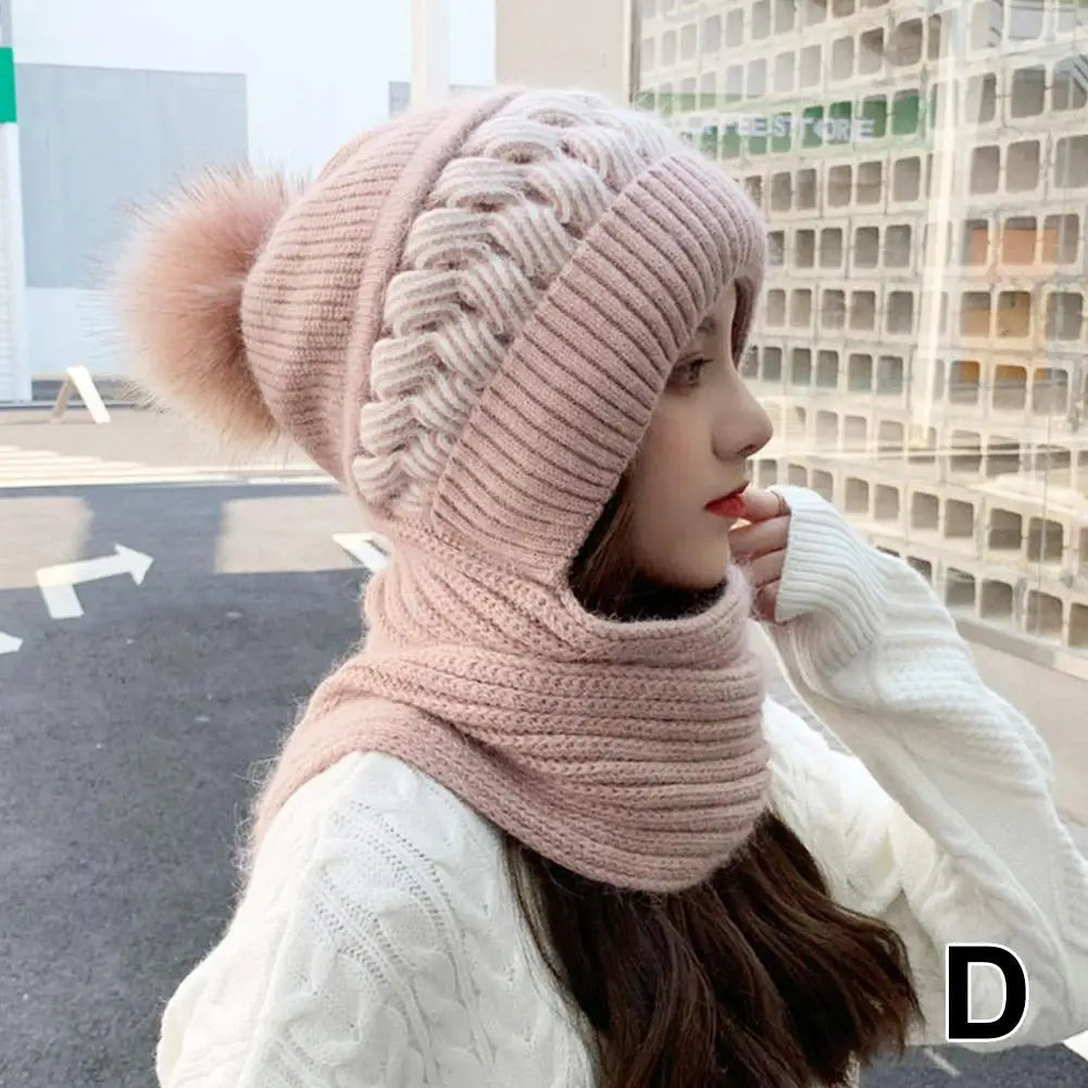 Hat scarf All-in-one  Winter Thickened Warm Double Warm Padded Windproof Comfortable Warm Knitted Hat Fits Women