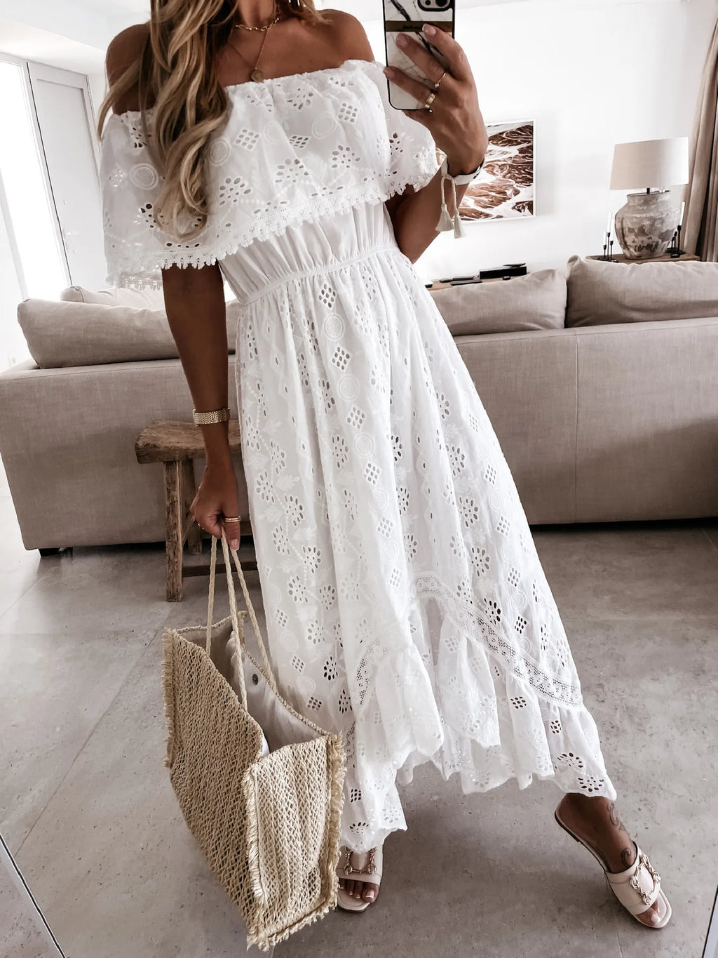 Women Casual Bohemian Style Long Dress Sexy Strapless Off The Shoulder Lace Tassel High Waist Big Hem Hollow Out Vestidos Summer