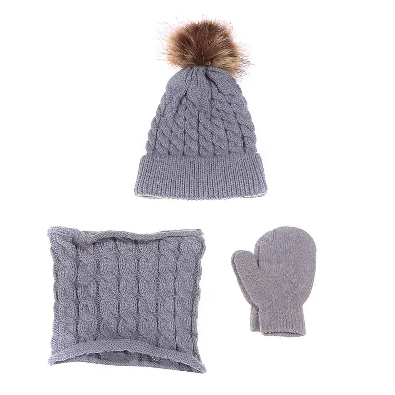 Children's Hat Scarf Gloves Suit Wool Monochrome Fried Dough Twists Warm Three Piece Children's Hat Scarf Gloves Suit