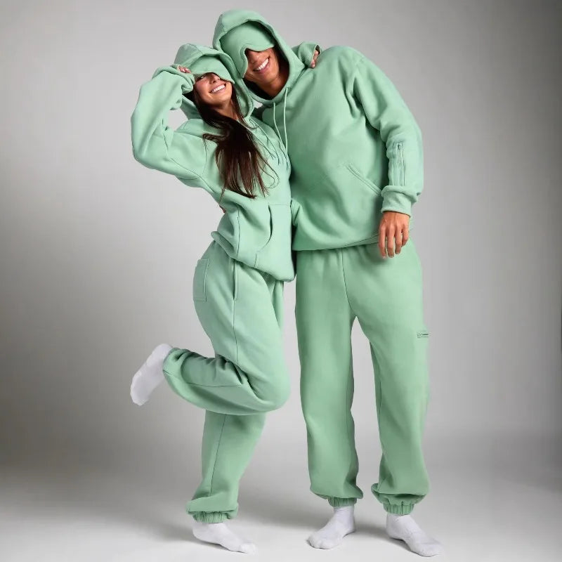 Fitness Workout Outfits Autumn Winter Women Tracksuit Sport Pocket Sweatshirt Hoodies with Eye Patch Sweatpants Two Piece Set