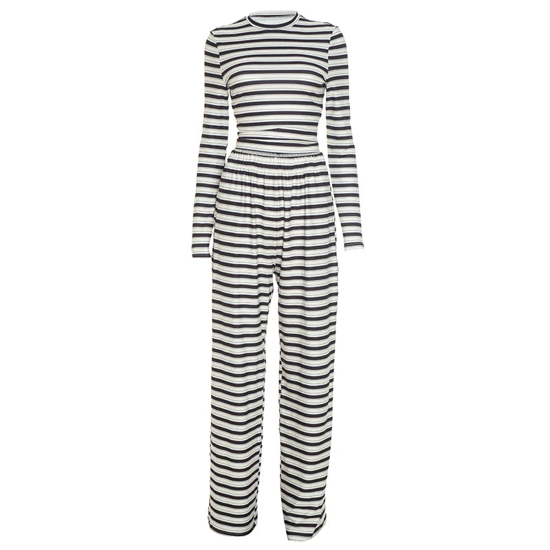 Women Casual Workout 2 Piece Pants Set Teen Girl Striped Long Sleeve Crop Top T-shirts + Wide Leg Trousers Autumn Lounge Outfits