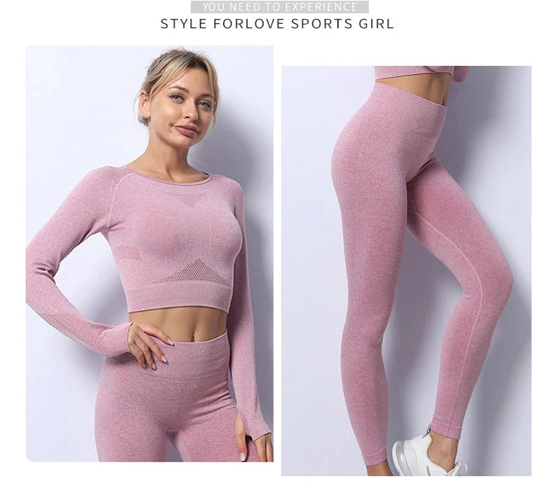 Women Yoga 2 Pieces Workout Outfits Seamless High Waist Leggings Sports Crop Top Running Clothes Sets