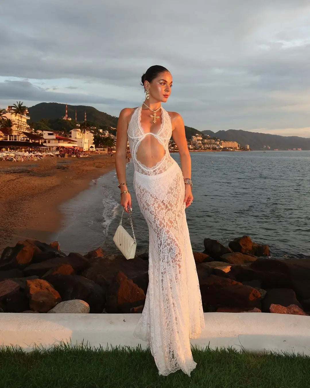Sexy White Lace Hollow-out Halter Dress Women Chic Sleeveless Off-shoulder Backless Maxi Dresses 2026 Lady Vacation Beach Gowns