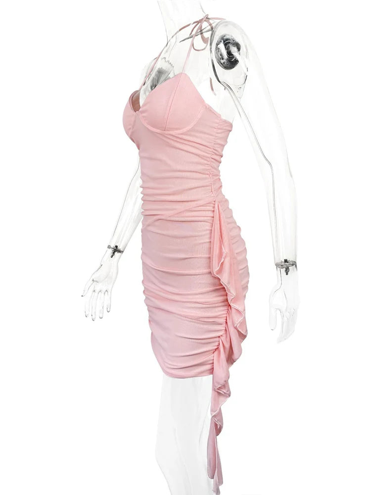 Fairyshely Sexy Summer Lady Pink Short Club Dress Ladies 2024 Tied Halter Bodycon Dresses Evening Party Hollow Tight Mini Dress