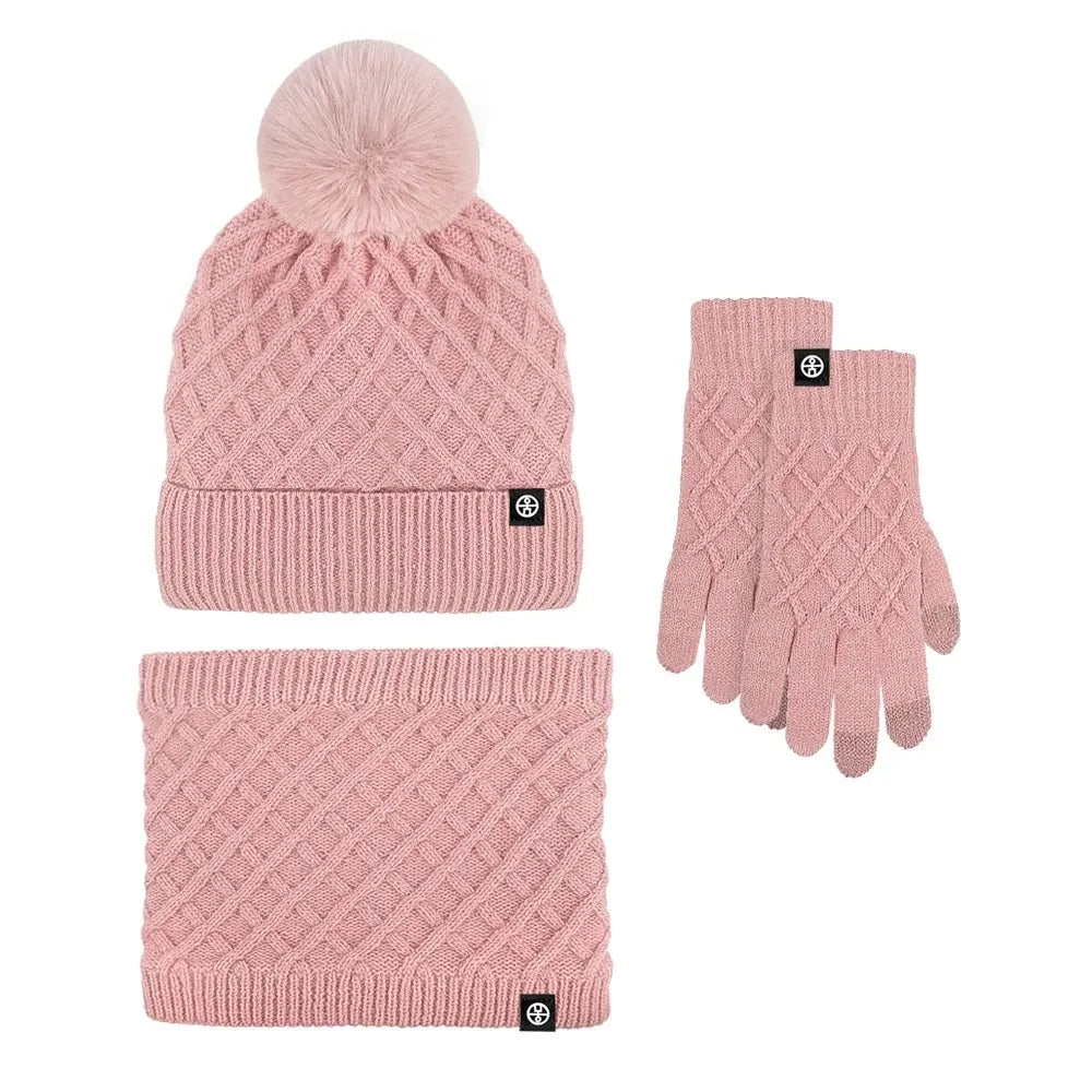 2025 Hot Hat Scarf Gloves Three-piece Winter Velvet Outdoor Warm Hairball Knitted Hat Christmas Gift Winter Warm