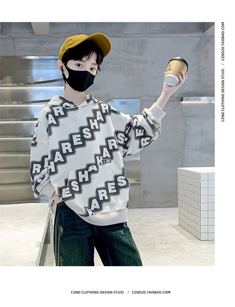 Boys Hoodies Spring Autumn Young Children's Clothes Long Sleeve Kids Pullover Hooded Sweatshirts Tops for Boys 5 To 14 Years Old
