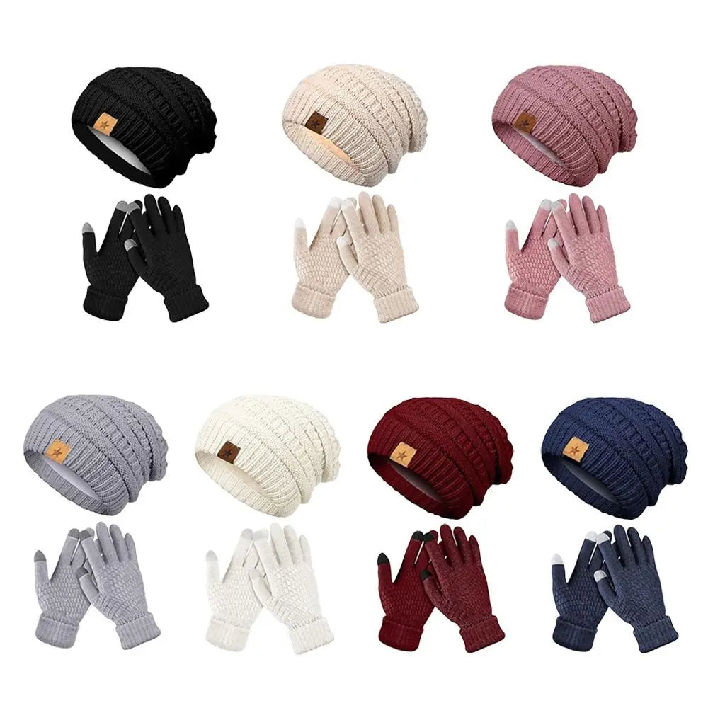 2PCS/Set Gift Warm Women Hats Gloves Set Soft Ear Protection Winter Warm Mitten Windproof Plush Beanie Cap for Men Women
