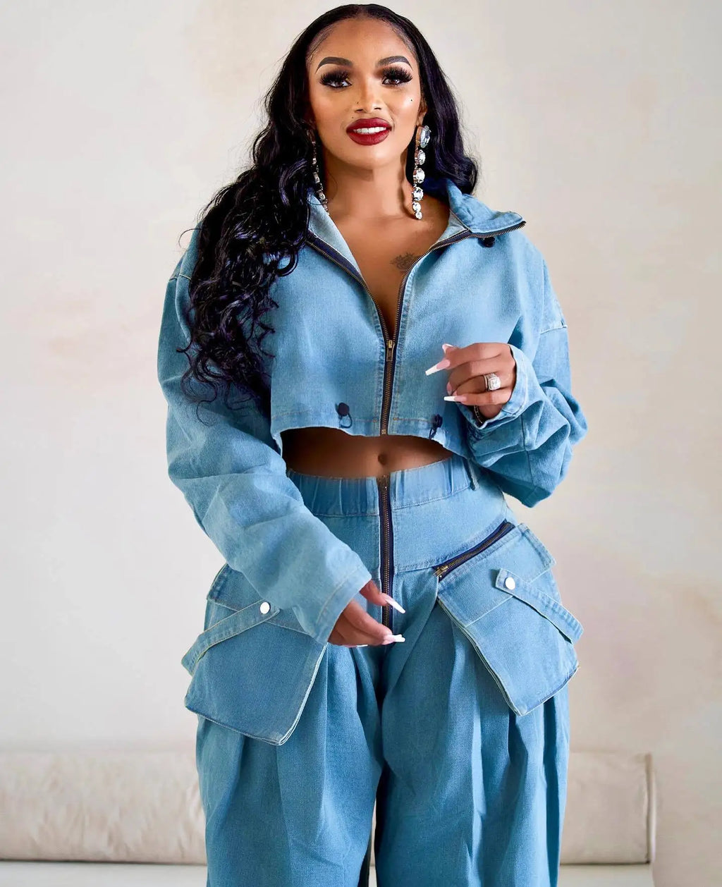 Fall Denim Suit For Women Long Sleeve Lapel Top And Wide Leg Pant Outfits Comfortable Solid Color Ladies Two-Piece Set