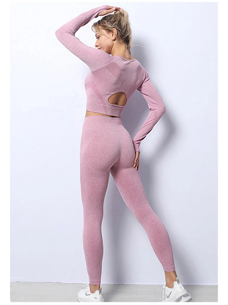Women Yoga 2 Pieces Workout Outfits Seamless High Waist Leggings Sports Crop Top Running Clothes Sets