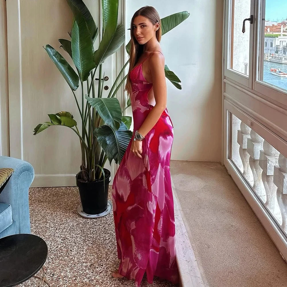 A 2026 Spring Summer Chiffon Boho Women Cami Dresses Fashion Strapless Sleeveless Print Zipper Chic Ladies Cami Dresses