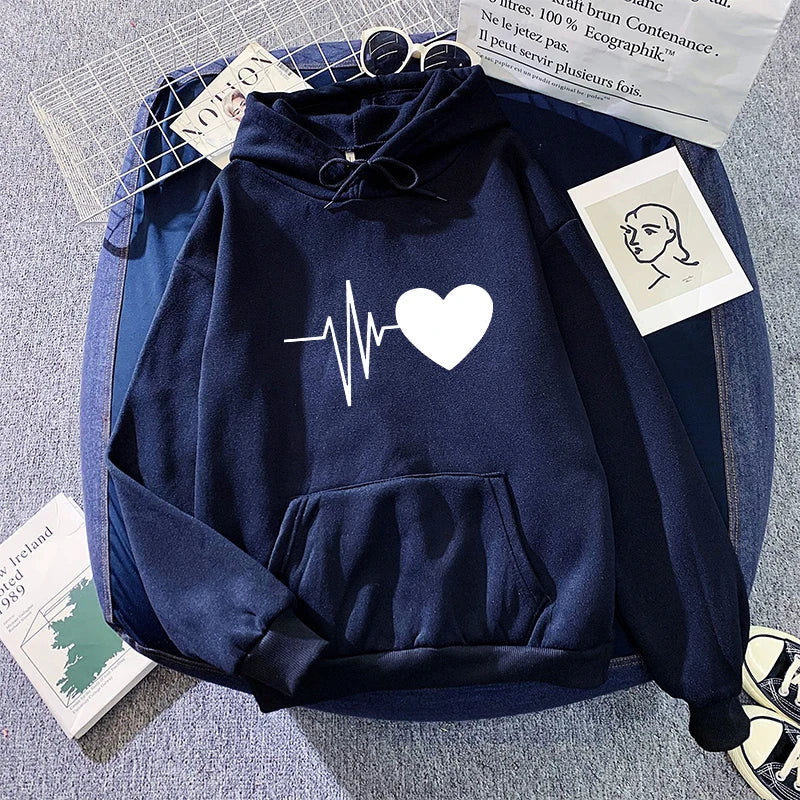 Woman Hooded Sweatshirt Casual Fashion Heart Print Hoodies Ladies Home Outdoor Comfort Warm Pullover Daily Sport Loose Hoody Top