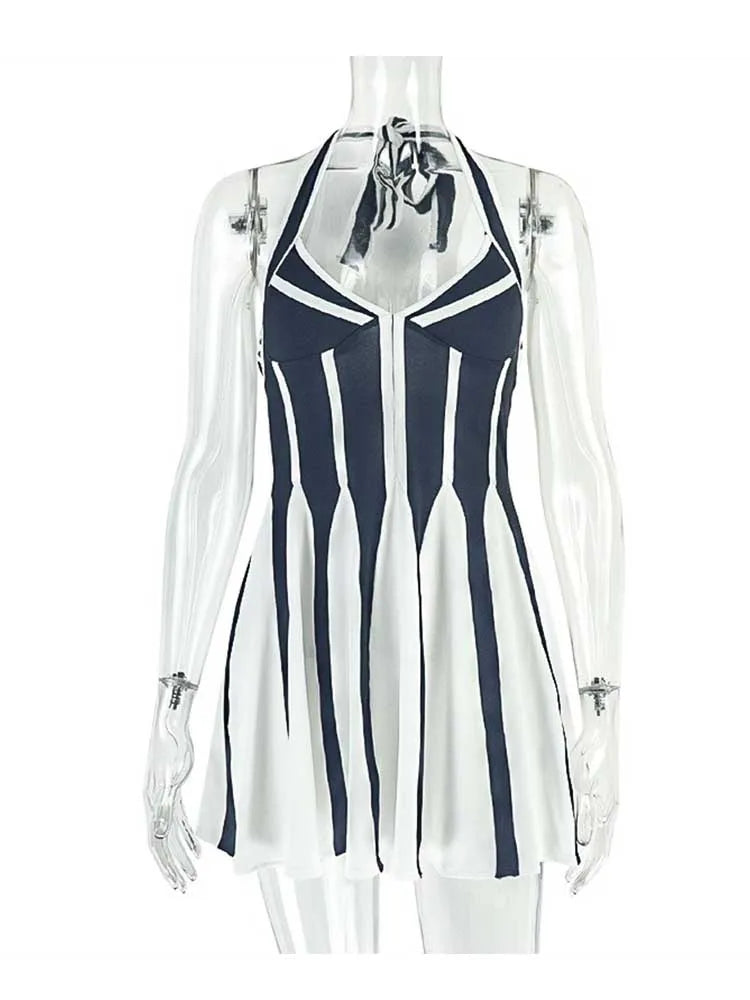 Short Sexy Dresses for Women Summer Female Clothing A Line Halter Neck Backless Dress Slimming Stretch Fabric Dress Pleated