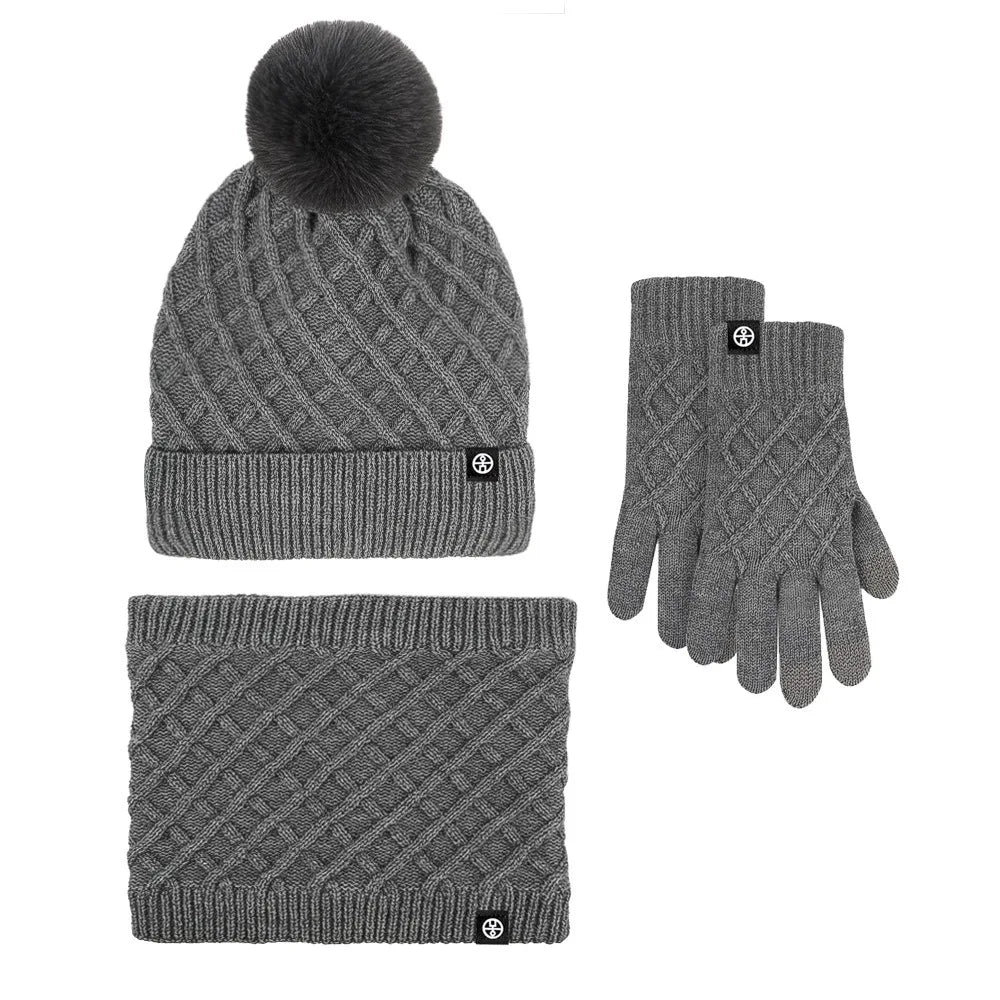 2025 Hot Hat Scarf Gloves Three-piece Winter Velvet Outdoor Warm Hairball Knitted Hat Christmas Gift Winter Warm