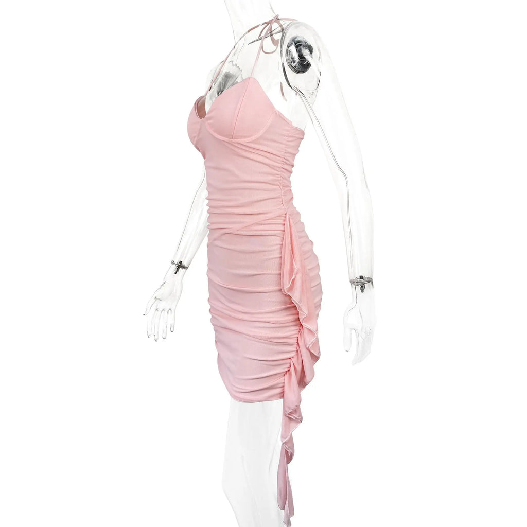 Fairyshely Sexy Summer Lady Pink Short Club Dress Ladies 2024 Tied Halter Bodycon Dresses Evening Party Hollow Tight Mini Dress