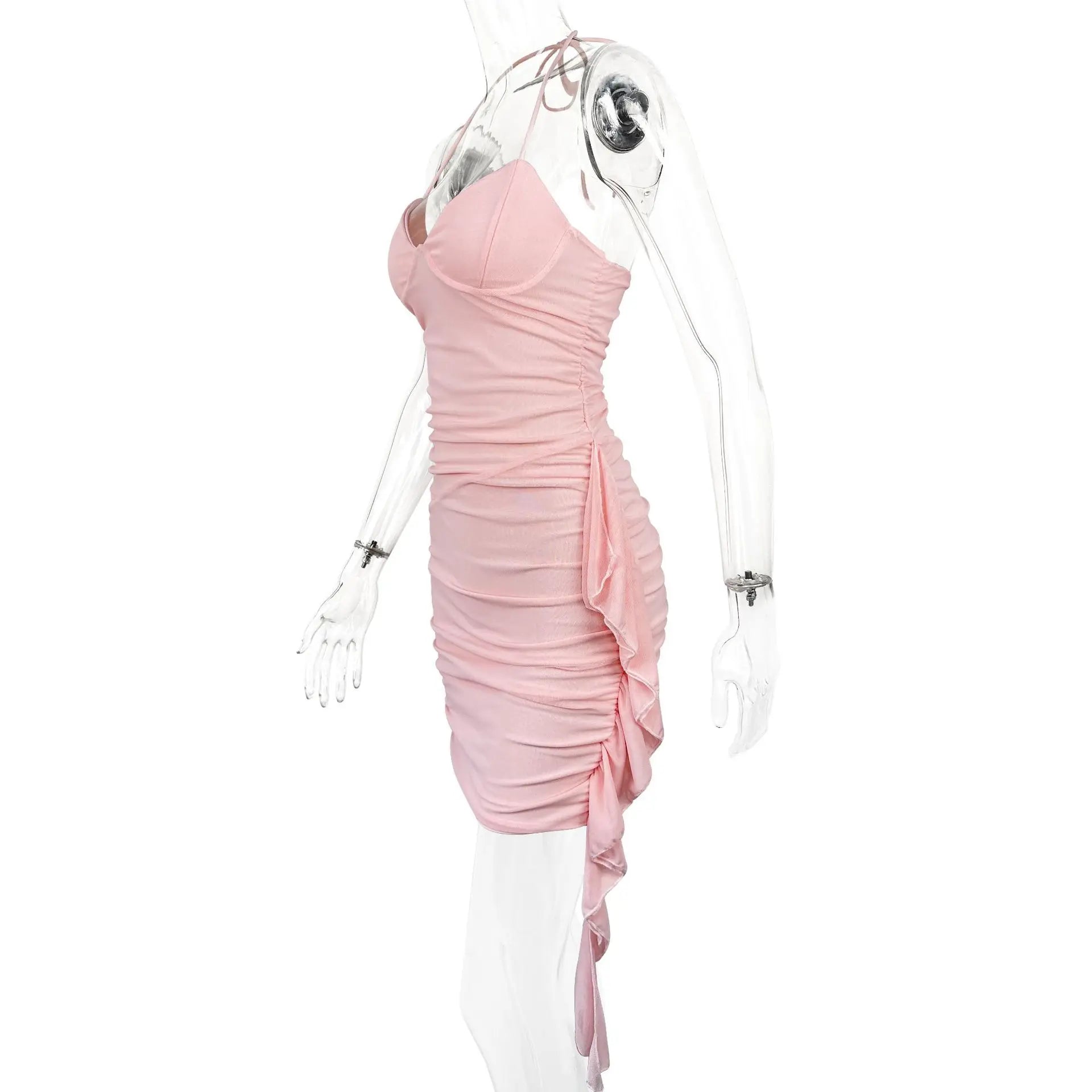 Fairyshely Sexy Summer Lady Pink Short Club Dress Ladies 2024 Tied Halter Bodycon Dresses Evening Party Hollow Tight Mini Dress