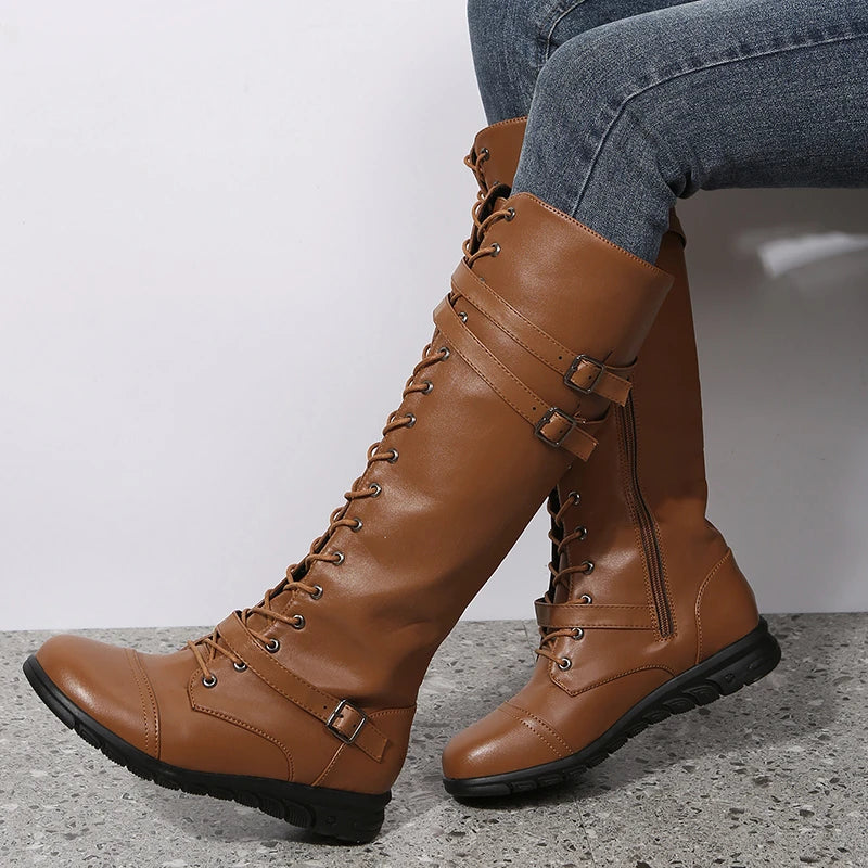 Winter Boots for Women 2024 Combat Cowboy Knee High Long Leather Platform Shoes Black Gothic New Rock Punk