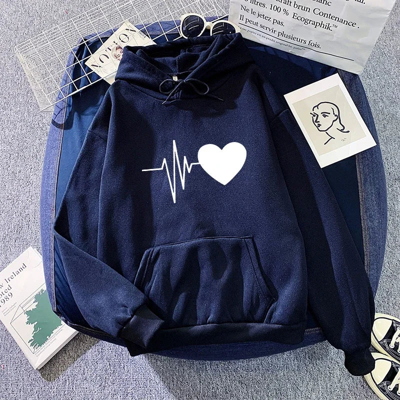 Woman Hooded Sweatshirt Casual Fashion Heart Print Hoodies Ladies Home Outdoor Comfort Warm Pullover Daily Sport Loose Hoody Top
