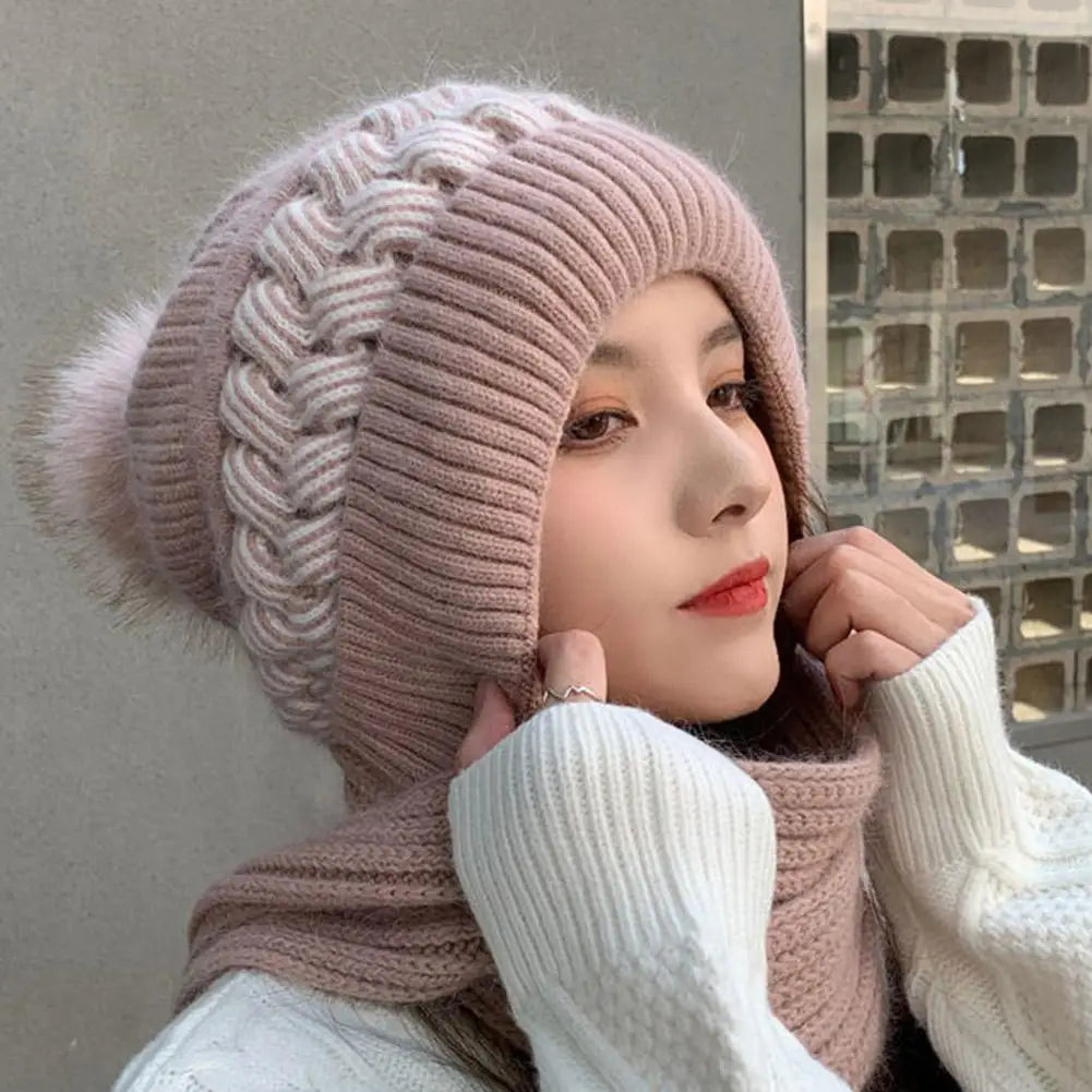 Hat scarf All-in-one  Winter Thickened Warm Double Warm Padded Windproof Comfortable Warm Knitted Hat Fits Women