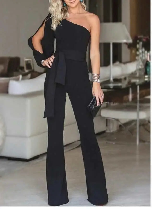 New women's single shoulder high waistband solid color slim fit sexy jumpsuit, fashionable and versatile