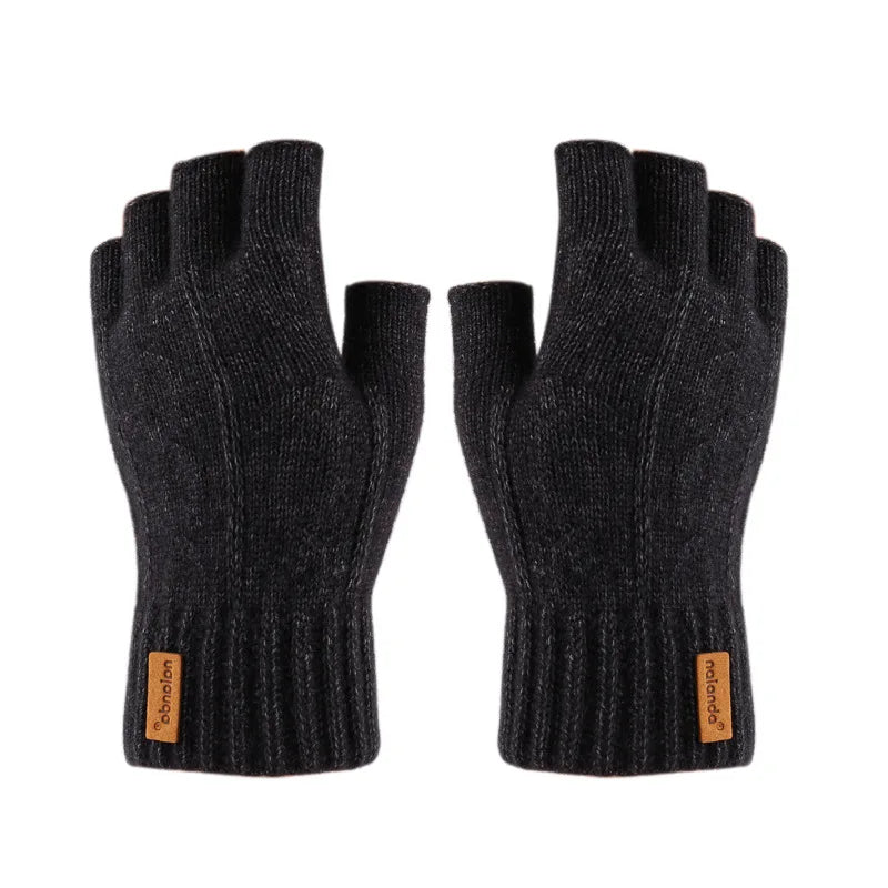 Winter Half-Finger Knitted Gloves for Men: Warm, Stretchy, Thick – Fits Office, Bicycle, Driving & Student Writing