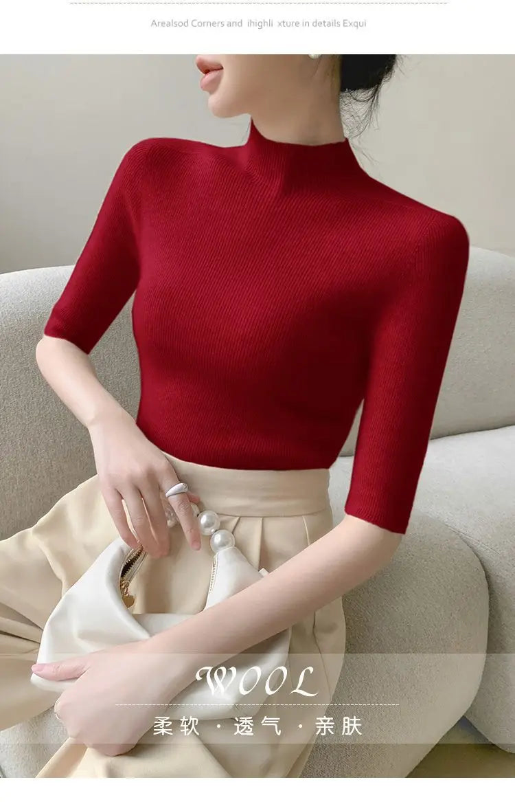 Sweater Spring Autumn High Neck Middle Sleeve New Knitted Base Knitted Half Sleeve Five-Pin Slim Tops