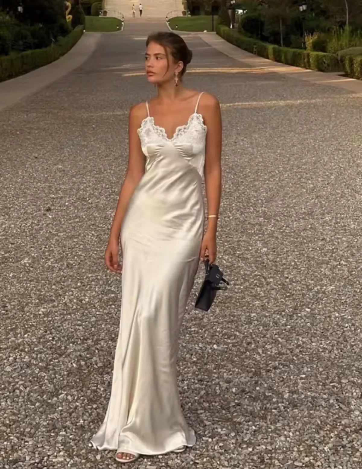 New 2026 Women V Neck Satin Sling Long Dress Lace Patchwork Backless Sexy White Gowns Summer Evening Party Maxi Vestidos