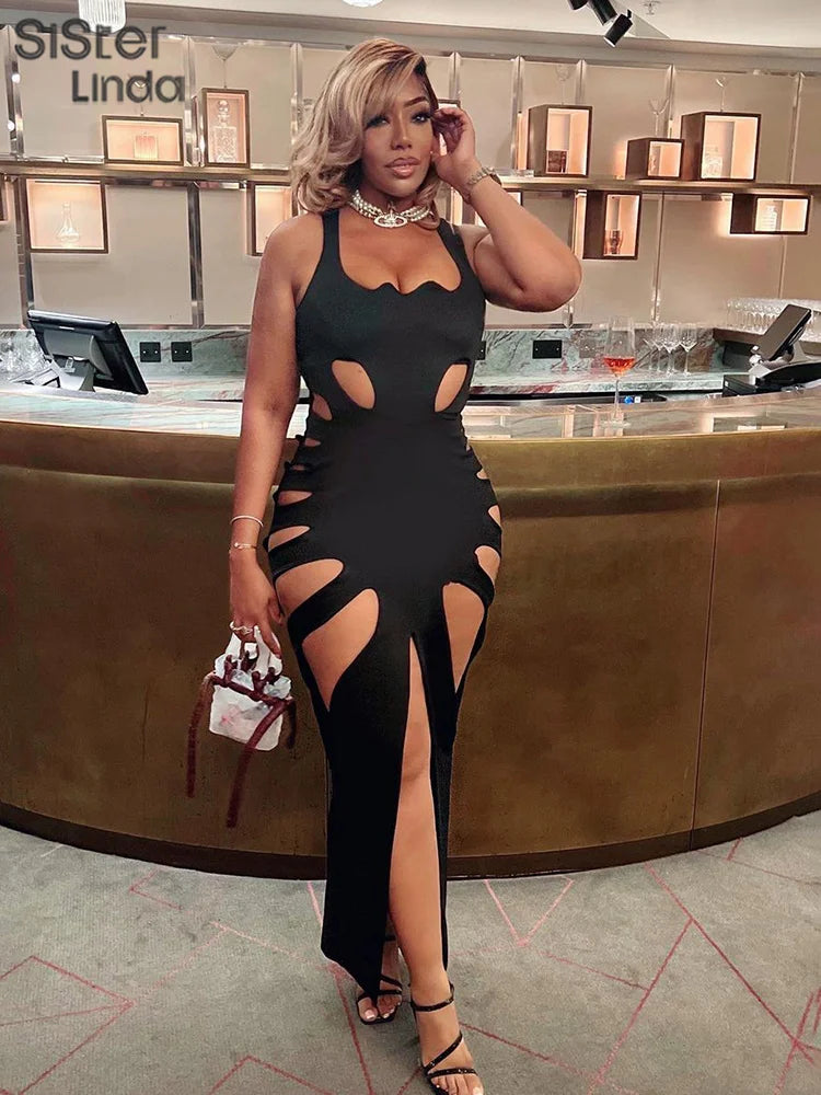 Sisterlinda Sexy Hollow Elegant Midi Dress Women 2023 Summer Sleeveless Hipster Side Split Bodycon Party Clubwear Vestidos Mujer