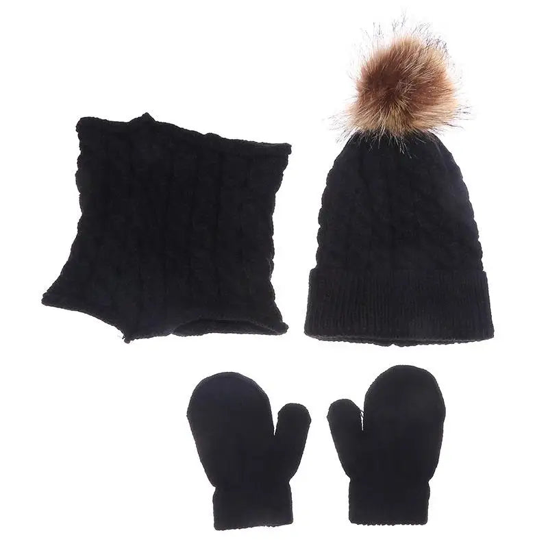 Children's Hat Scarf Gloves Suit Wool Monochrome Fried Dough Twists Warm Three Piece Children's Hat Scarf Gloves Suit