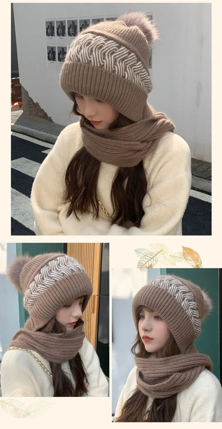 Women's Hats Scarves Earmuffs Fashionable Autumn and Winter Warmth Snow and Wind Scarf One-piece Hat Knitted Sweater Cover Hat