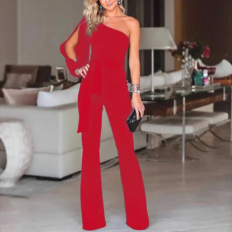 New women's single shoulder high waistband solid color slim fit sexy jumpsuit, fashionable and versatile