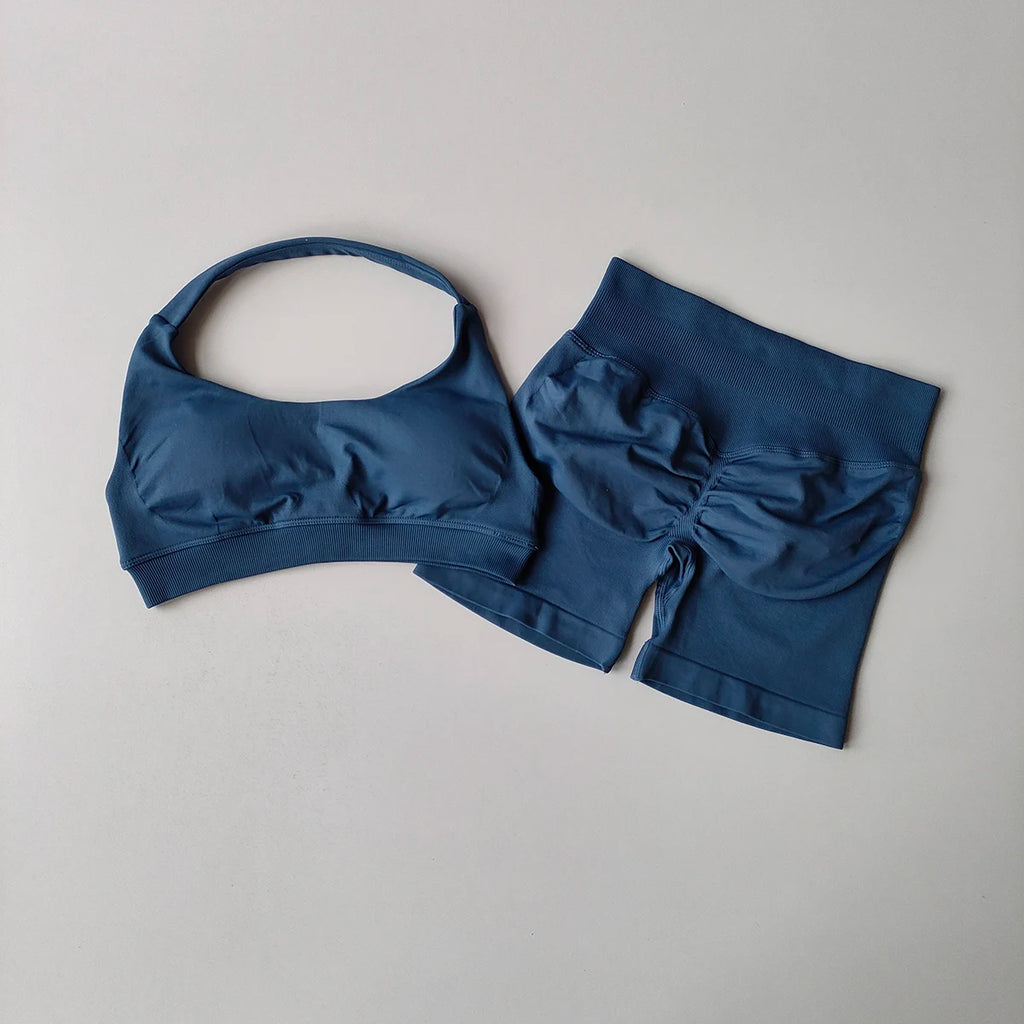 2 Pieces Yoga Suit for Women Seamless Fitness Gym Clothes Halter Sports Bra Matching Impact Shorts Workout Sets Gym Set Outfit