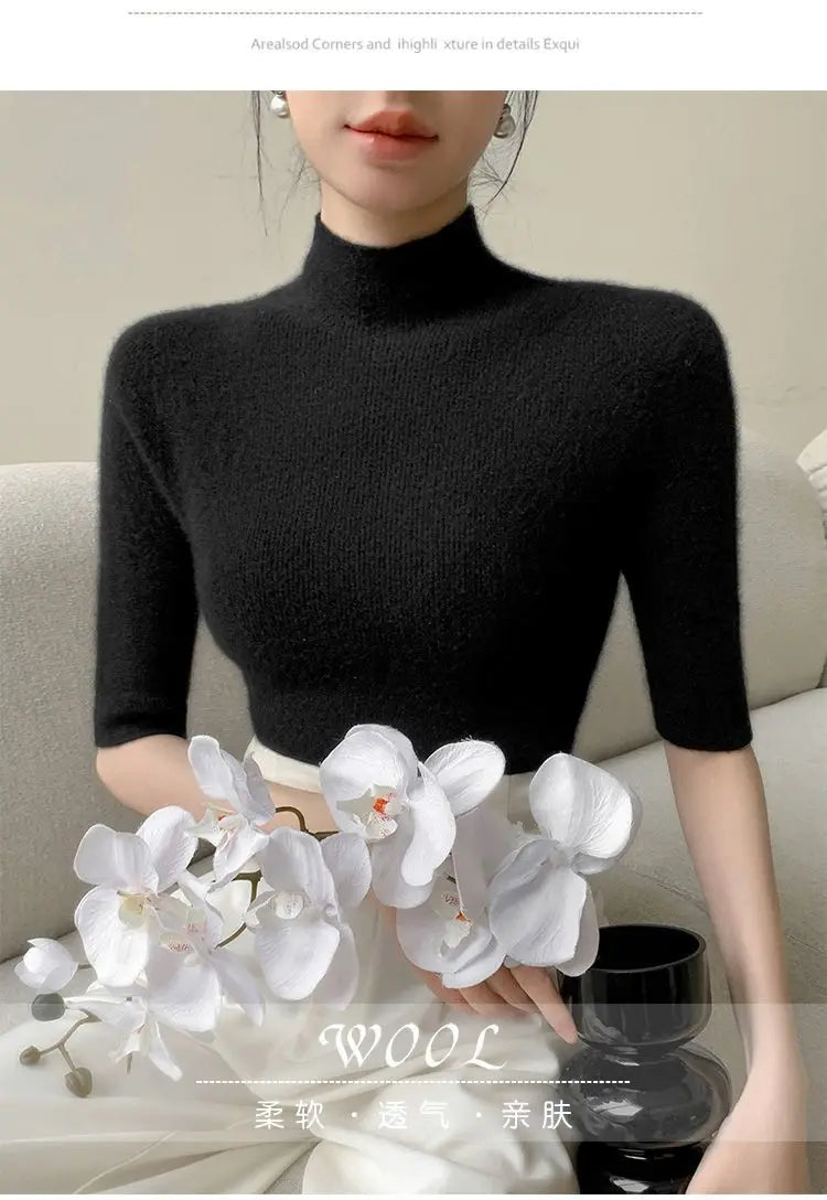 Sweater Spring Autumn High Neck Middle Sleeve New Knitted Base Knitted Half Sleeve Five-Pin Slim Tops