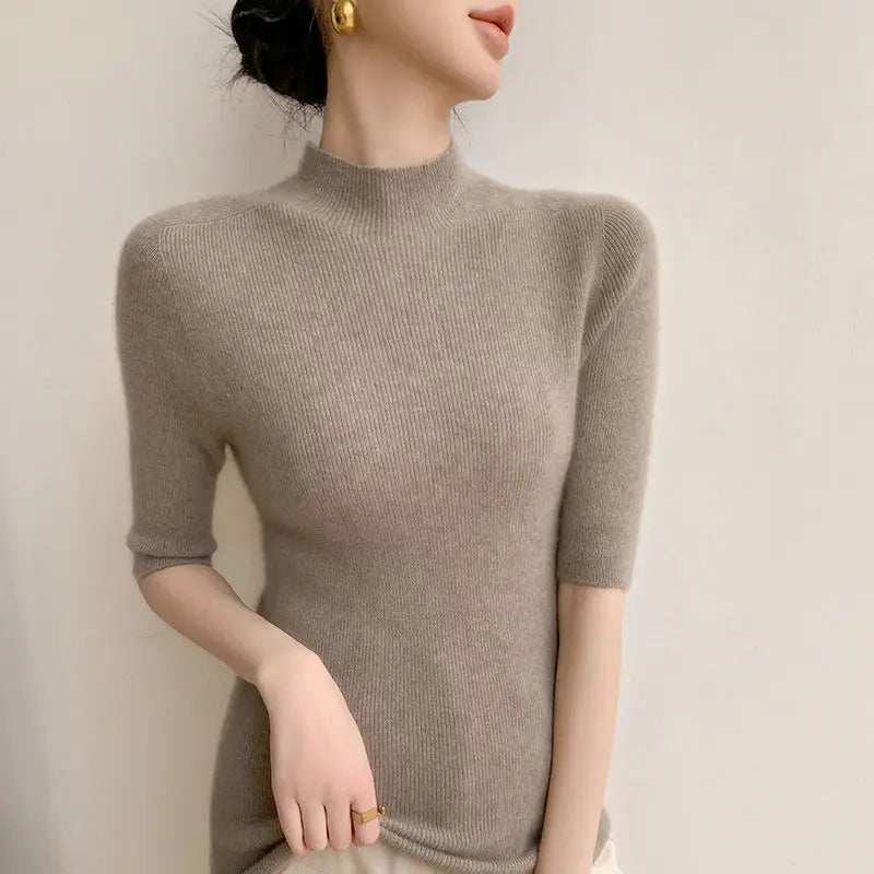 Sweater Spring Autumn High Neck Middle Sleeve New Knitted Base Knitted Half Sleeve Five-Pin Slim Tops