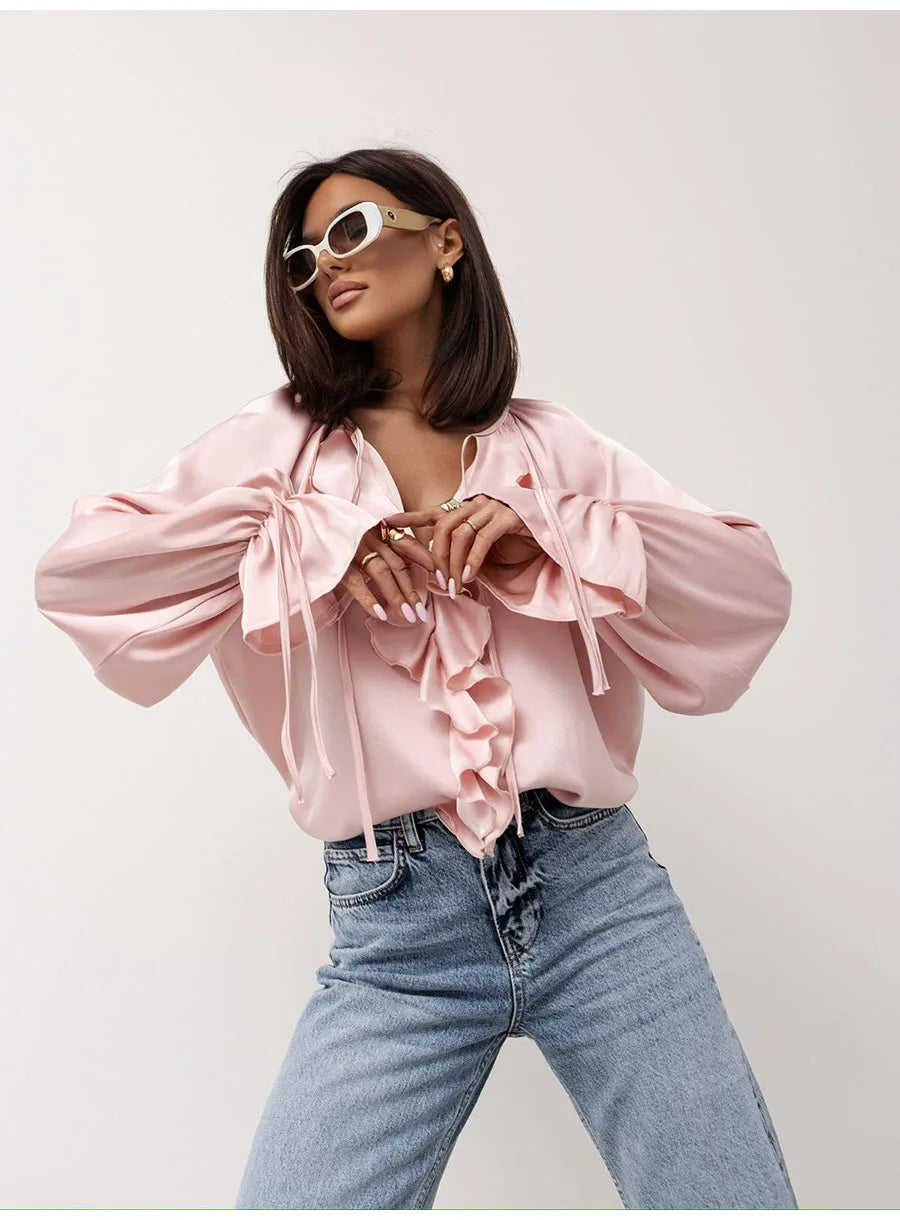 Fashion Fall Ruffles Blouse Women 2025 Autumn Winter Long Sleeve Loose Lace-up Shirts And Blouses Tops Elegant