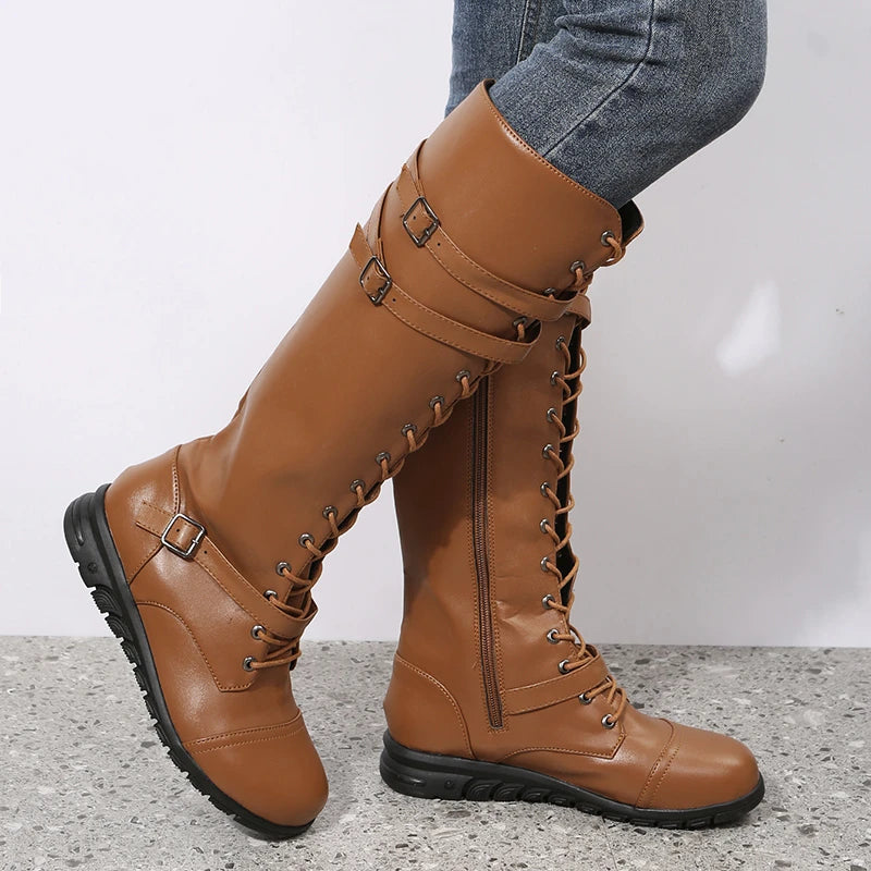 Winter Boots for Women 2024 Combat Cowboy Knee High Long Leather Platform Shoes Black Gothic New Rock Punk