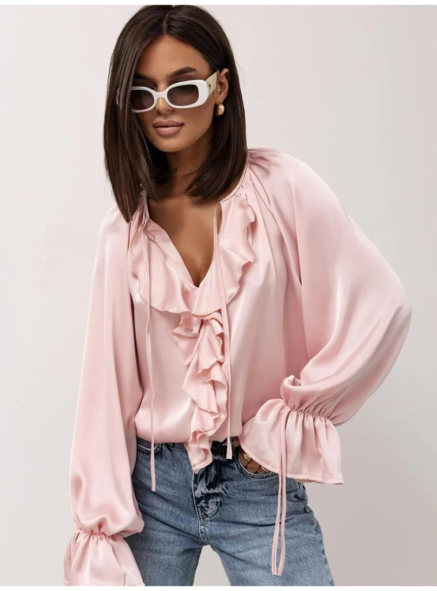Fashion Fall Ruffles Blouse Women 2025 Autumn Winter Long Sleeve Loose Lace-up Shirts And Blouses Tops Elegant