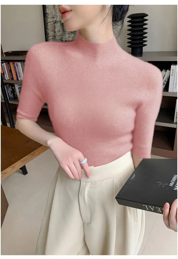 Sweater Spring Autumn High Neck Middle Sleeve New Knitted Base Knitted Half Sleeve Five-Pin Slim Tops