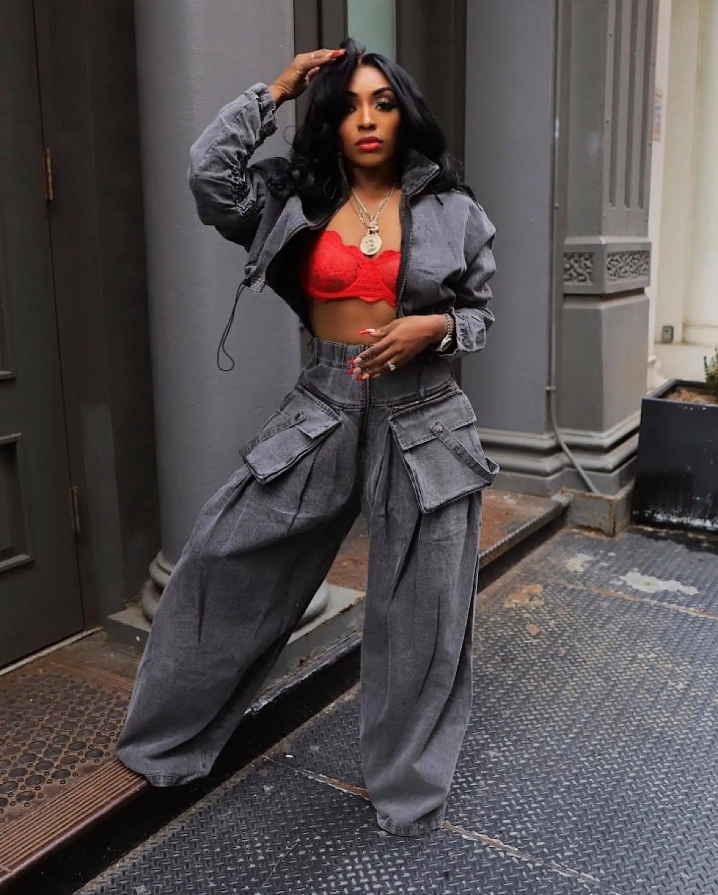 Fall Denim Suit For Women Long Sleeve Lapel Top And Wide Leg Pant Outfits Comfortable Solid Color Ladies Two-Piece Set