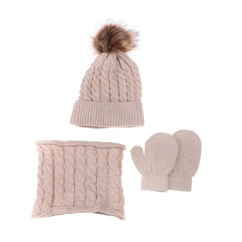 Children's Hat Scarf Gloves Suit Wool Monochrome Fried Dough Twists Warm Three Piece Children's Hat Scarf Gloves Suit