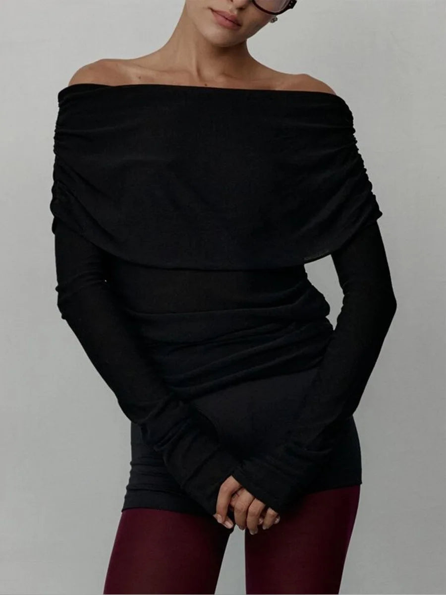 Sweater Women's Autumn and Winter Style Long Sleeved Knitted Base Shirt, One Shoulder Sexy Slim Fit Off Shoulder Top