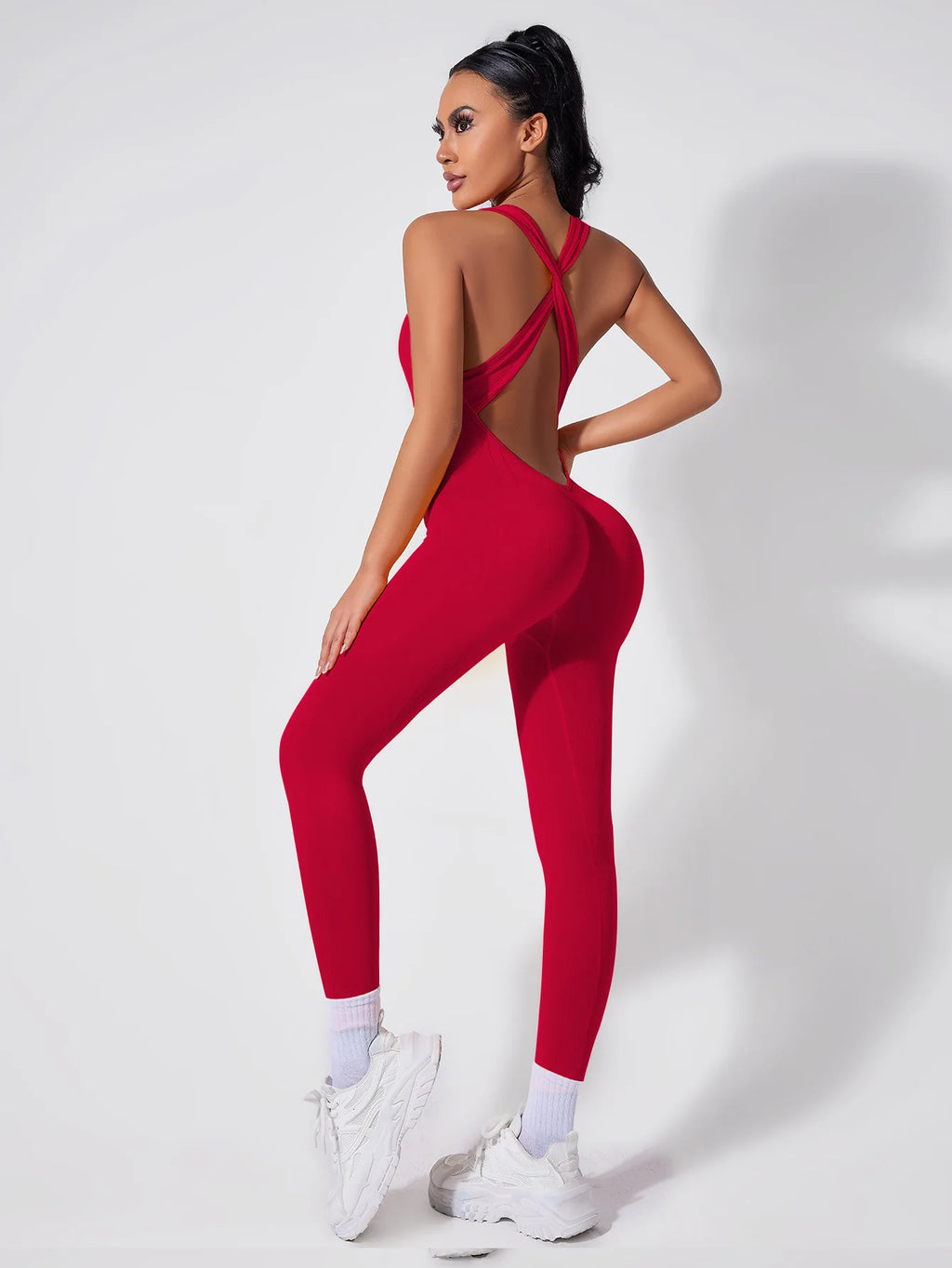 Crisscross Back Yoga Bodysuit Women V-Neck Butt Lifting Workout Jumpsuit Seamless Running Fashion Slim High Elastic Bodysuit