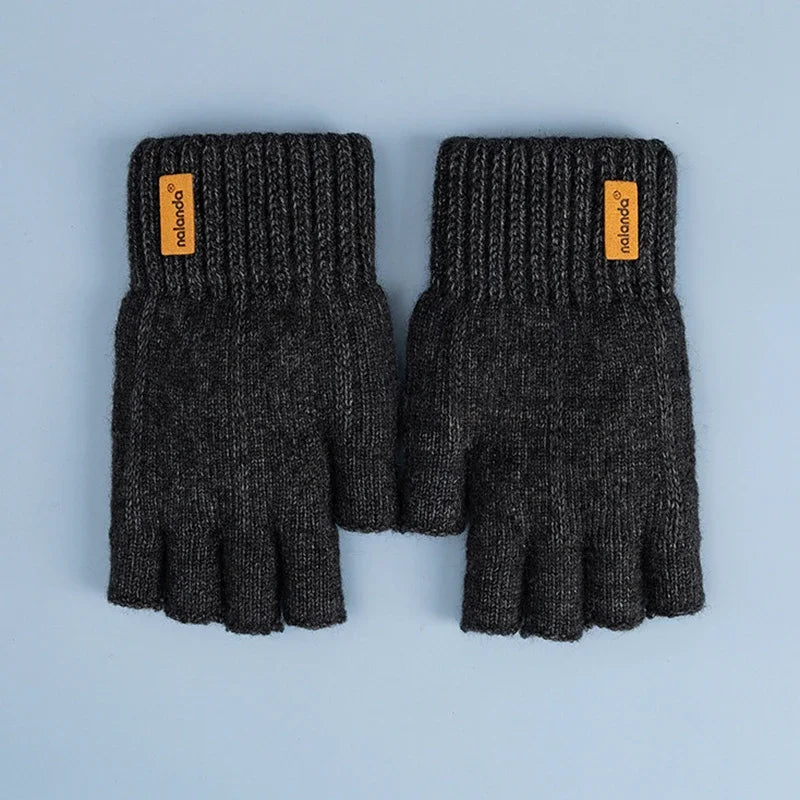Winter Half-Finger Knitted Gloves for Men: Warm, Stretchy, Thick – Fits Office, Bicycle, Driving & Student Writing
