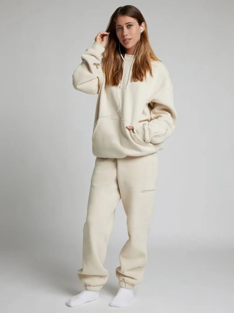 Fitness Workout Outfits Autumn Winter Women Tracksuit Sport Pocket Sweatshirt Hoodies with Eye Patch Sweatpants Two Piece Set