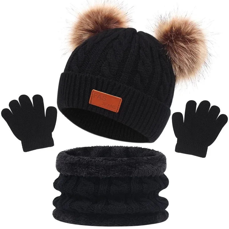 Three Piece Set of European and American Hats Scarves Gloves Autumn and Winter Single Ball Double Ball Colorful Ball Hat