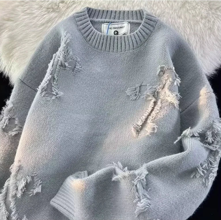 Winter Ripped Sweater Men's Round Neck Pullover High Street American Retro Japanese Style Solid Color Sweater For Teenagers